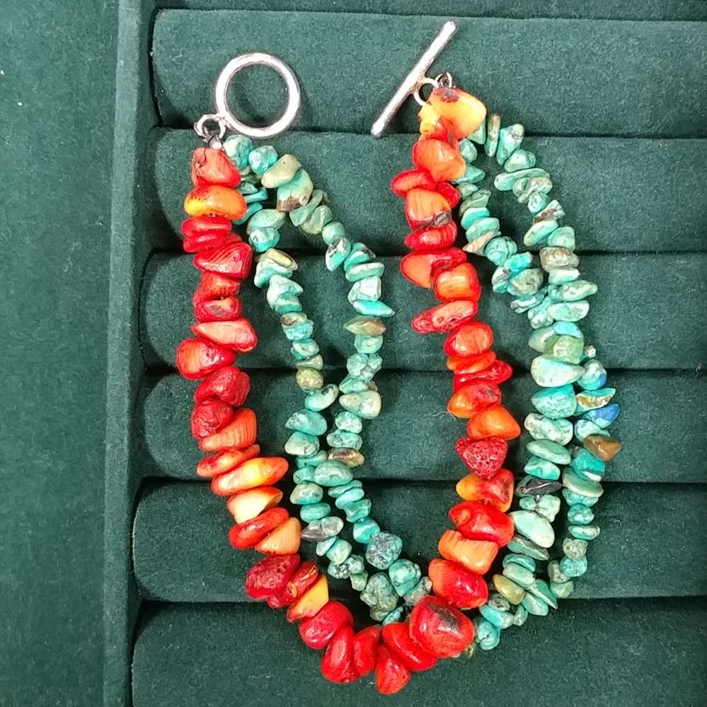 Turquoise Chip & Coral Bracelet 3 Strand 925 Sterling Silver 8" Long - Picture 13 of 16